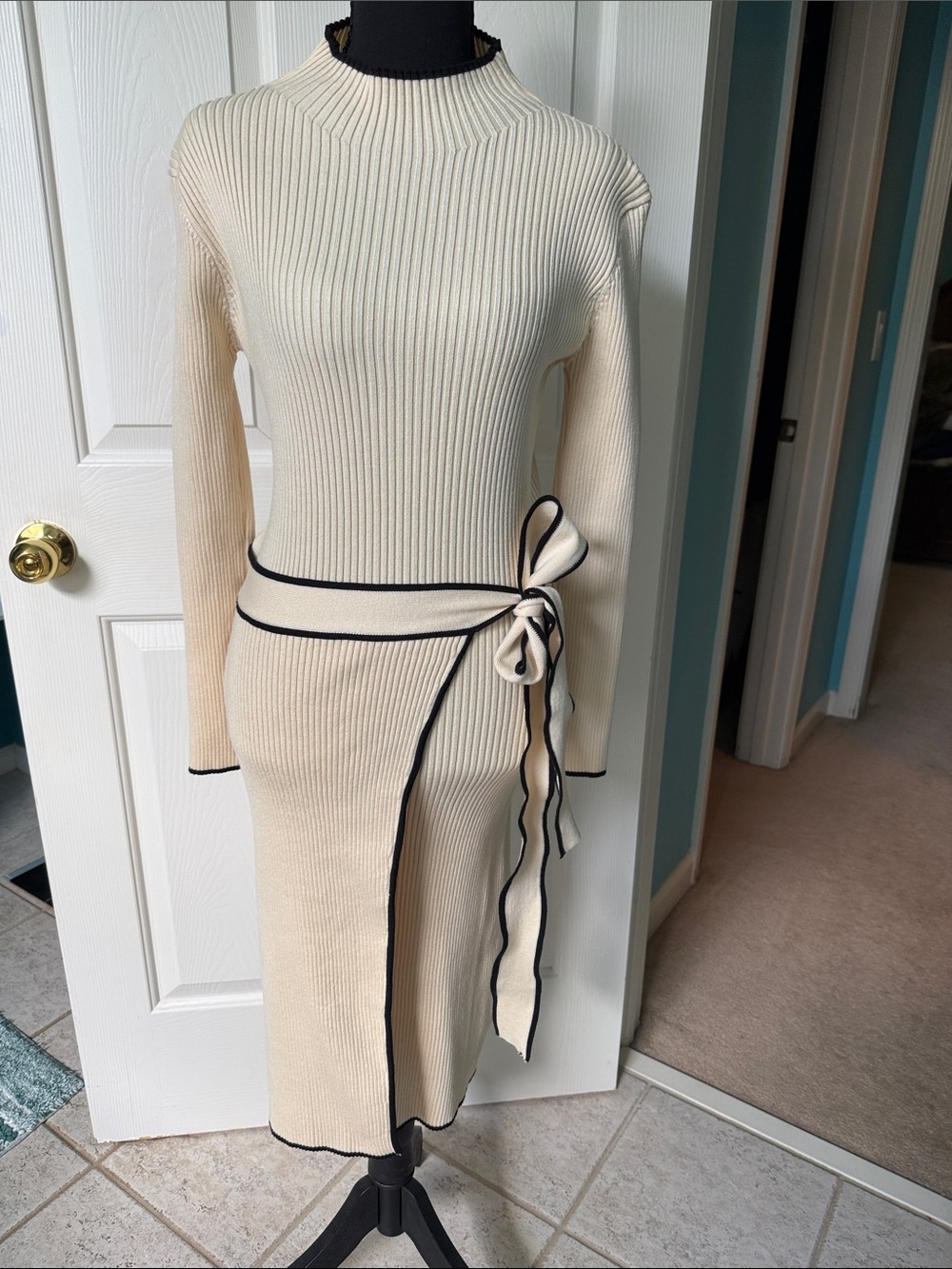 Cream Ribbed Midi Dress with Black Contrast Trim and Waist Tie